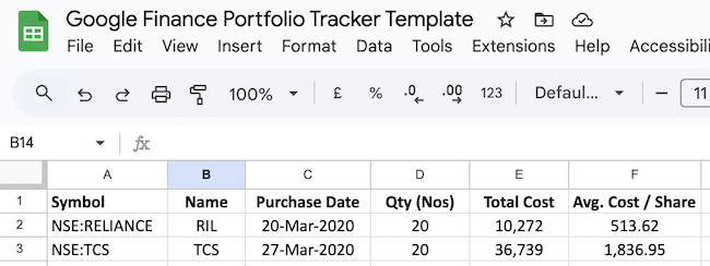 Google Finance Portfolio Tracker - Database Sheet