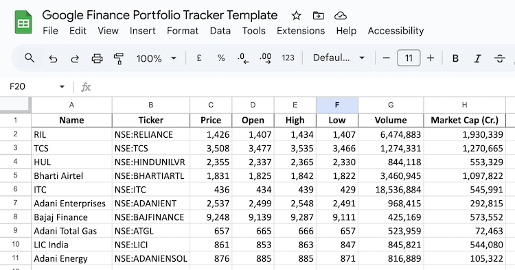 Google Finance Portfolio Tracker - Template