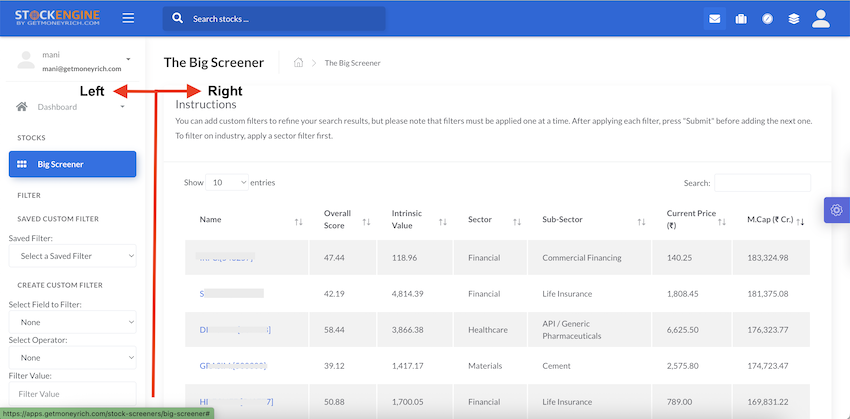 The Big Screener - Interface